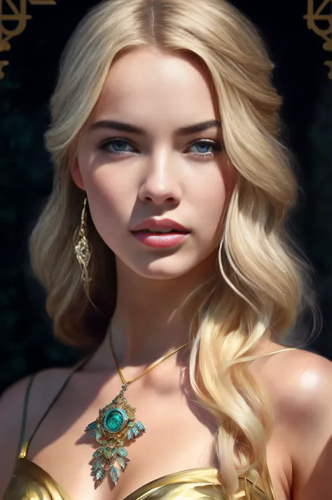 ultra realistic illustration, an incredibly beautiful Greek gothic goddess of chaos played by Jordyn Jones and Dove Cameron and Margot Robbie and Taylor Swift and Megan Fox, cabello rubio desordenado y voluminoso, ojos azules, intrincado, elegante, Altamen...