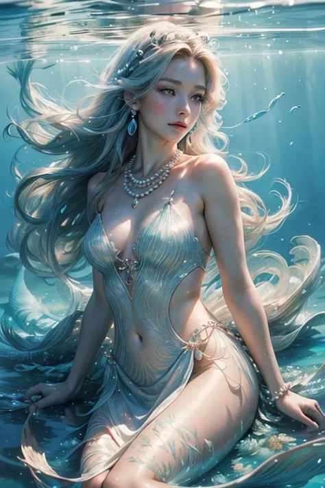 (best quality,4k,8k,highres,masterpiece:1.2),ultra-detailed,(realistic,photorealistic,photo-realistic:1.37),watercolor portrait,beautiful woman merfolk,serene eyes,flowing long hair,pearl necklace,ethereal underwater kingdom,sparkling scales,graceful movem...