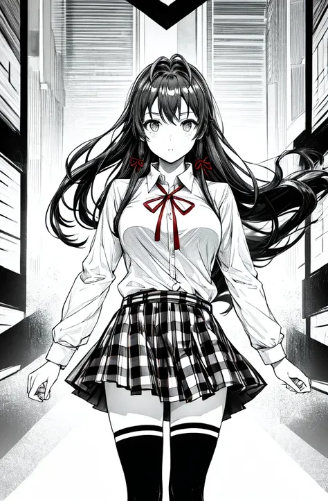 1 girl as yukino yukinoshita, absurdres,  highres, solo, school uniform, big breasts, waist long black hair, (twintails:0.5), miniskirt, black thighhigh socks, loose red ribbon, unbuttoned white shirt