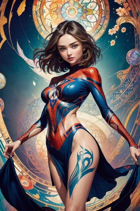 Miranda Kerr、Sticking out the navel、newyork、She wears a torn Spider-Man suit,wearing skirt、abstract photorealistic、artistic、Alphonse Muchas painting(​masterpiece、top-quality、hight resolution:1.4)、detaileds、intricate-detail、4K、color splashes、line-drawing、Fi...