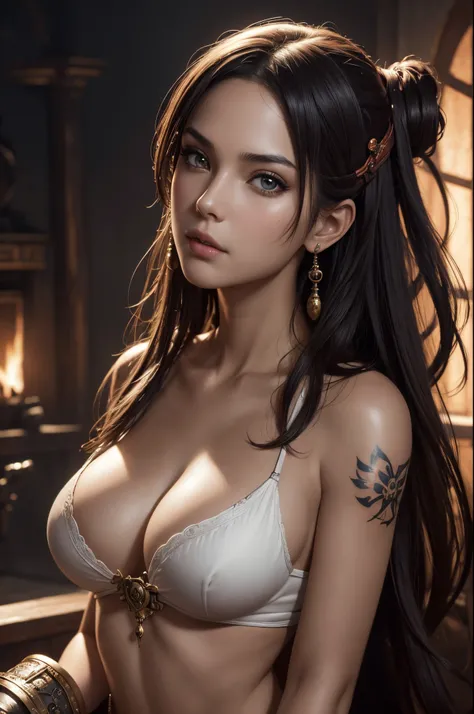 8K,(masutepiece, Best Quality:1.4), (Pirate Ship), (erotic posing:1), 1 girl in, (((Live-action)))Solo, (European youth:1), Nami de One Piece, Tattoo on the right shoulder, hyper realisitic, High detailed skin, Digital SLR, Soft lighting, High quality, Hig...