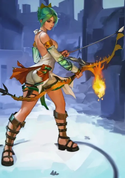 Green hair, sexy lady, holding bow, holding fire arrow, white clothes, Short pants