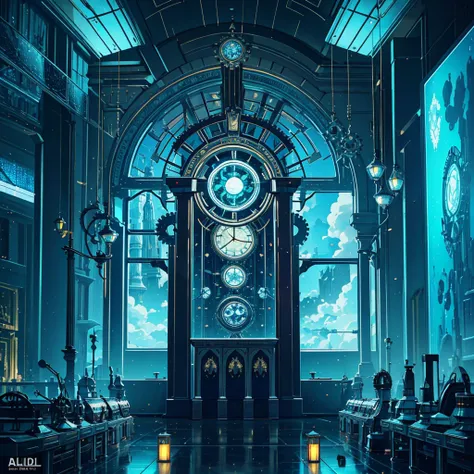 absurdres, best quality, fine detailed, 8k, no humans, blue sky, white cloud, Many huge colorful clocks and gears floating in a dimly lit large room, a huge clock decorated with silver crystal texture, white gears of various sizes, elaborately constructed ...