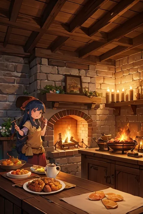 There are four pots on the fire，Flames come out of the pot, kettle, tavern background, cook it, In a fantasy tavern by the fireplace, arte de fundo, random background scene, Smelter, background artwork, cook a, Fantasy tavern background, animated still, fi...