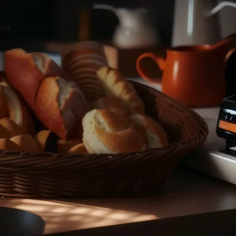 There  a basket of bread and food on the counter, Photorealistic rendering in Octane, photorealistic cinematic render, food commercial 4 k, High-quality realism, photoreal octane rendering, Exist in corona, Photorealistic lighting, vray 8k rendering, 8K Bl...