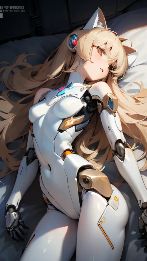 an extremely delicate,
beautiful robot girl,
robot girl lying back down on a bed,
break,
8K,
best quality,
masterpiece,
ultra hires,
ultra detailed girl,
break,
(looking away:1.4),
cowboy shot,
break,
bloom,
Rim Lights,
glowing,
Moody lighting,
break,
1gir...