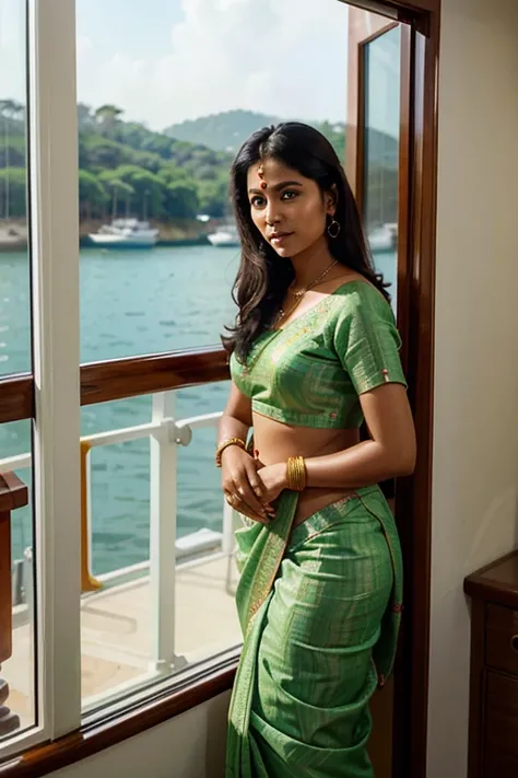 generate an image of south Indian woman wearing saree and traditional ornaments. her face is full of confidence and calmness. she is looking out of the window and watching a yacht moving in the sea.