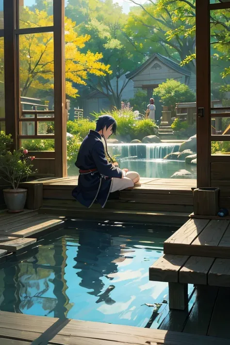 Anime scene of a man sitting on a chair in front of a well, Mushoku Tensei, in the anime film, anime scene, show on《full metal alchemist》curled, alphonse, full metal alchemist, fullmetal alchemist brotherhood, pouring, Water Mill, black clover screenshot, ...