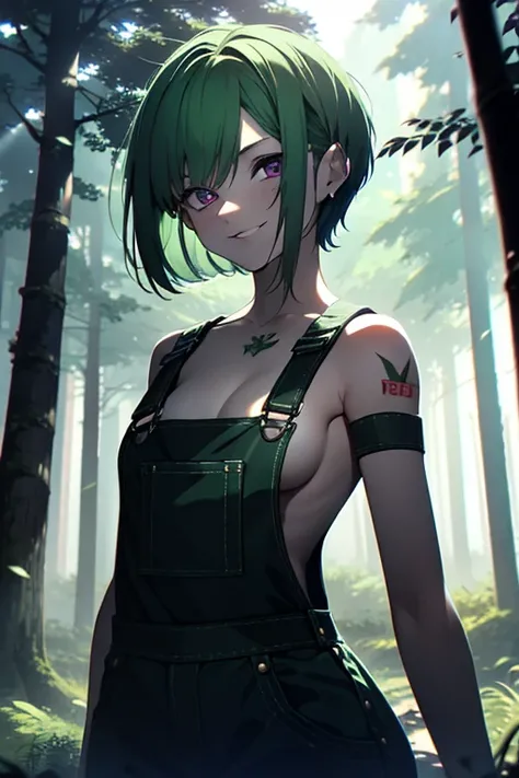 girl, 17 years old, ligh green hair, short haircut, purple eyes, short  overalls, tattoed arm,, half naked, sexy outfit, , in dark forest, holding chainsaw, Looking at Viewer, sinister  smiling, no underwear