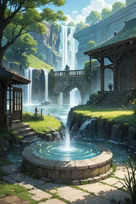 There  a small well on the ground，With wooden frame, random background scene, watertank, Close-up of magical water gate, sewer background, attack on titan scenery, The reservoir, anime scene, Anime landscape concept art, sewer pipe entrance, well rendered,...