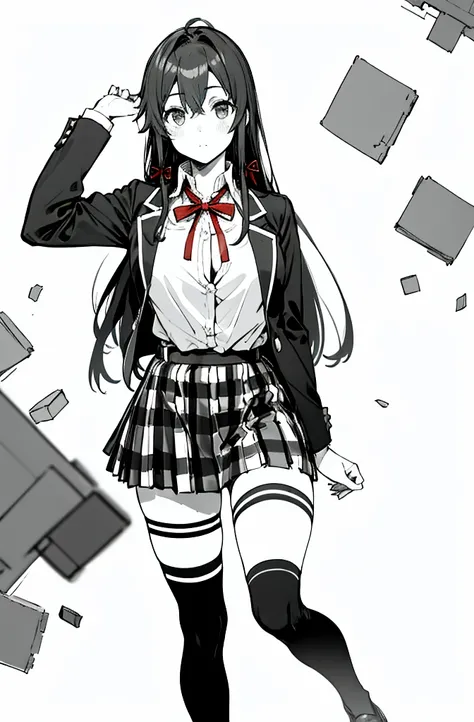 1 girl as yukino yukinoshita, absurdres,  highres, solo, school uniform, big breasts, waist long black hair, (twintails:0.5), miniskirt, black thighhigh socks, loose red ribbon, unbuttoned white shirt