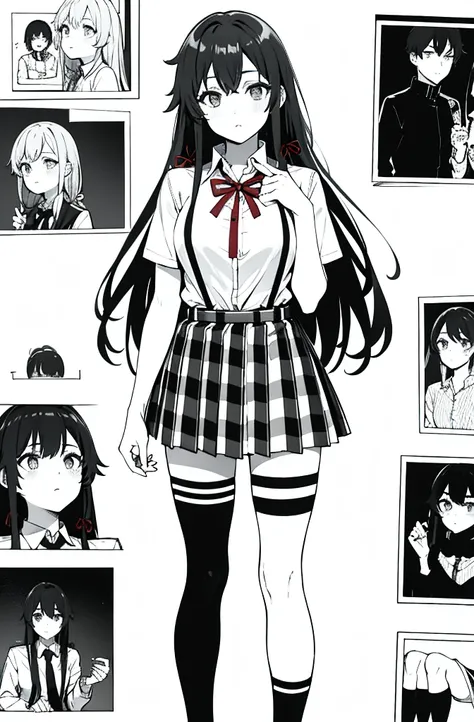 1 girl as yukino yukinoshita, absurdres,  highres, solo, school uniform, big breasts, waist long black hair, (twintails:0.5), miniskirt, black thighhigh socks, loose red ribbon, unbuttoned white shirt