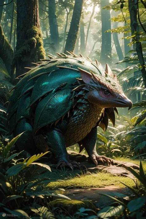 a majestic mythical creature with intricate scales and sharp spines, emerging from a lush and vibrant forest, surrounded by mist and ancient trees. The echidnas body is covered in shimmering golden and emerald scales, reflecting the sunlight and giving it ...