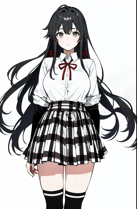 1 girl as yukino yukinoshita, absurdres,  highres, solo, school uniform, big breasts, waist long black hair, (twintails:0.5), miniskirt, black thighhigh socks, loose red ribbon, unbuttoned white shirt