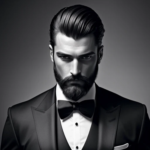 Faire un bel homme de 40 ans dans un costume noir et une cravate, PDG, cheveux et barbe bruns, (Homme en costume noir et cravate), ),  Attractive and serious look, cheveux noirs courts, Elegant and elegant, Shave Tightly Fitting in Suit and Strong Body, (h...