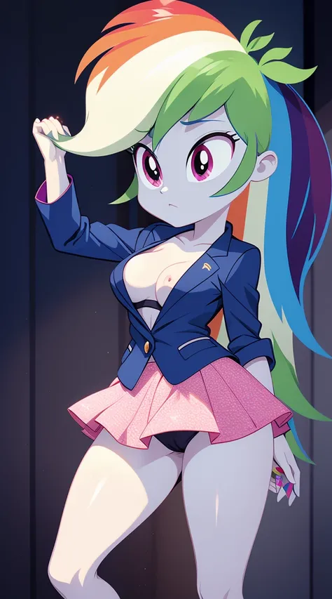 Rainbow Dash, Rainbow Dash of My Little Pony, Rainbow Dash as a girl, business suit, blazer, pencil upskirt, bare legs, high heels, office lady, posing, upskirt, vagina desnuda, tetas desnudas, tetas medianas, trasero desnudo, (solo desnuda), piernas desnu...