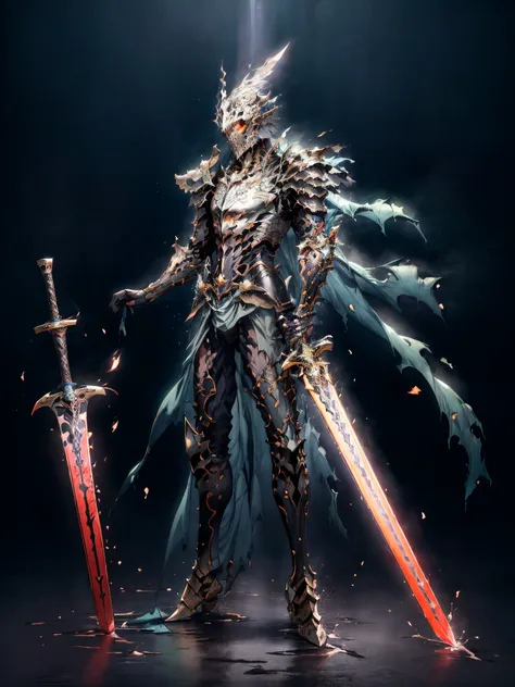 (masterpiece, top quality, best quality, official art, beautiful and aesthetic:1.2),(8k, best quality, masterpiece:1.2),CGDivineSwordsw, weapon, armor, sword, 1boy, solo, holding, male focus, holding weapon, holding sword, glowing, helmet, cape, shoulder a...