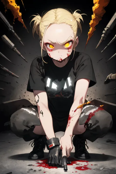 The villain, girl, blonde hair, hairstyle square, rough, dark face,  bulbous nose, neon eyes are glowing, hypnosis,looks out from under his forehead, looking at the camera, , black clothes completely, black T-shirt, black pants, black short boots, gloves w...