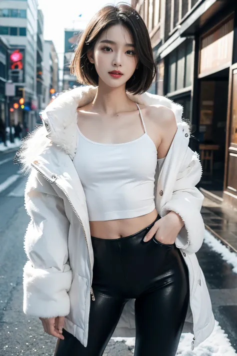 Best quality, 4K, 8K, Detailed faces,fully body photo，placed in a，Clear face, beuaty girl, Korean makeup, Redlip, smilingly, perfect body figure,shoulder-length short hair,small,legs long,Slim,thin, Girl wearing long and wide fur coat, Top tube and legging...