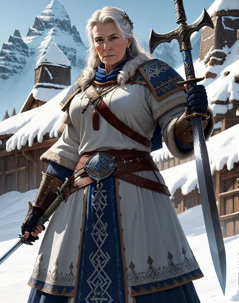 intricate detail, masterpiece, 69", Viking attire, broadly built, Mountain, blizzard, blue-grey leathery skin, Older Woman, sword, shield.