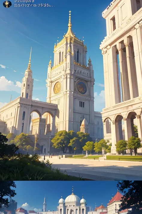 there  a big building，There are pillars and clocks on it, palace background, neoclassical bureau, temple of truth white, a palace floating in the air, Huge palace, screenshot from the anime film, anime movie screenshot, Screenshot of the 2012 animation, Ho...