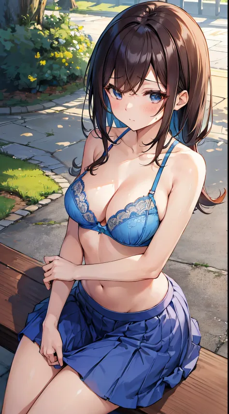 (masutepiece), (Best Quality), (ultra-detailliert), 1girl in, Sexy Pose, blush, ((open casual shut:1.2)), Happy, Looking at Viewer, large hair, Brown hair, The tree々one night in the park,Benches, Shy ,sitting on ground, ((Solo)) ,worry, blush, Naughty,From...