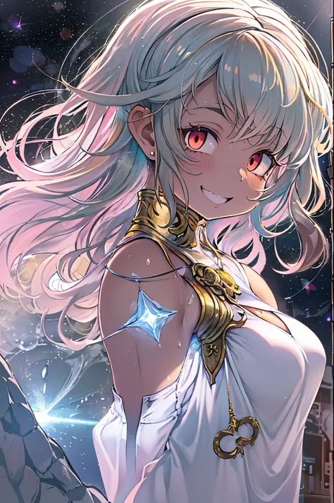 femele, Teal Hair, Red Eyes, Smile, Angel wings, Golden halo, White Dress, erect through, In outer space, Milky Way in the background, Distant stars, Upper body