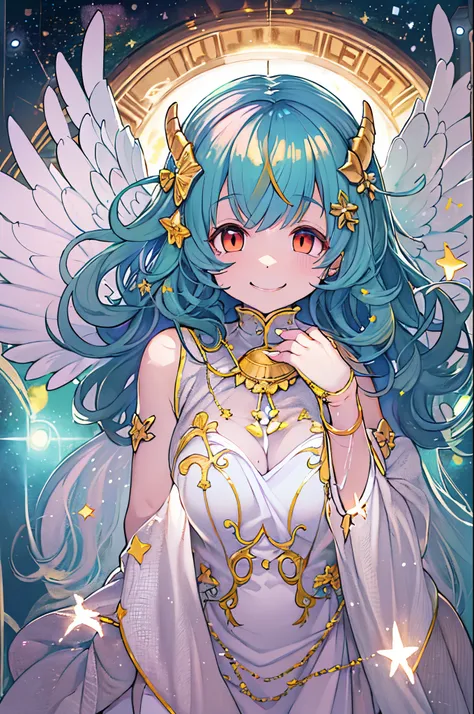 femele, Teal Hair, Red Eyes, Smile, Angel wings, Golden halo, White Dress, erect through, In outer space, Milky Way in the background, Distant stars, Upper body