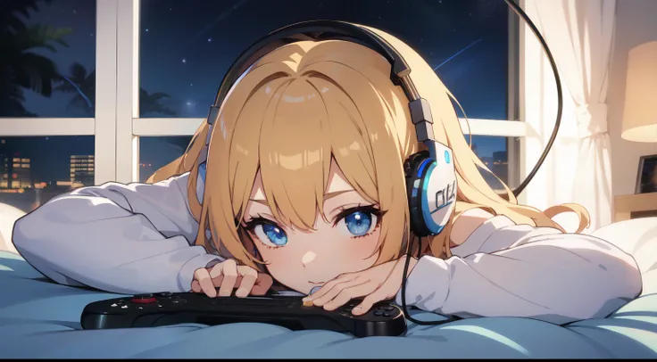 uma menina de olhos azul claro, listening to music with headphones on the window of the bed and with a video game controller in hand, night many stars in the sky, Anime 2D, Anime Ultra 4K