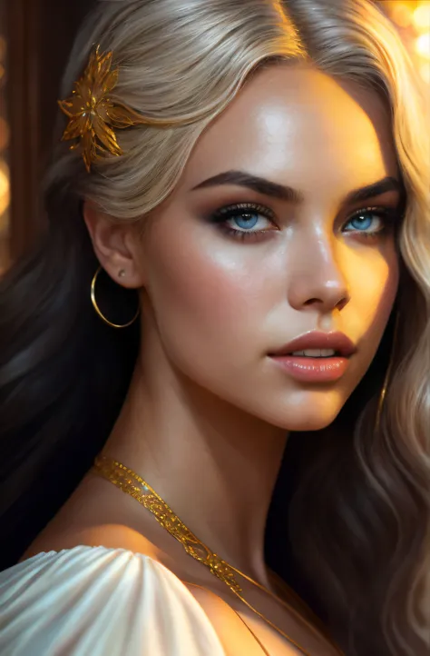 ultra realistic illustration, an incredibly beautiful Greek gothic goddess of chaos played by Jordyn Jones and Dove Cameron and Margot Robbie and Taylor Swift and Megan Fox, cabello rubio desordenado y voluminoso, ojos azules, intrincado, elegante, Altamen...