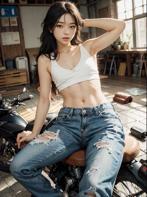 (top-quality), Realistic, (real picture, Intricate details), (Natural Skin Texture, Detailed skin, Hyper-Realism, sharpness), (Japanese college girl riding on motorcycle at the messy garage), ((put both hands behind head:1.3)), ((tight white tank top, dist...