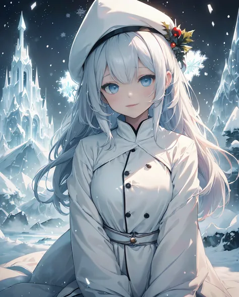 top-quality、Top image quality、​masterpiece、teens girl((White long coat、Black pantlack overshirt、Santas Hat、18year old、 Ager、Best Bust、big bast,Beautiful wide open light blue eyerest, Long silver hair、A slender,Large valleys、dye ones cheeks red、White breath...