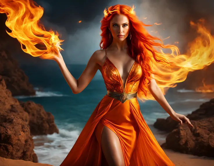 a fiery goddess, vibrant colors, intense flames, flowing red hair, mesmerizing eyes, glowing skin, powerful presence, engulfed i...