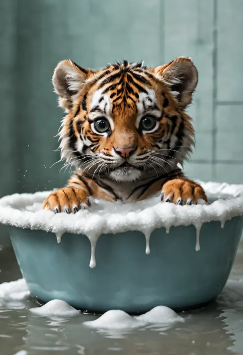 un petit tigre qui prend un bain dans un baignoir, mousse partout, mignon