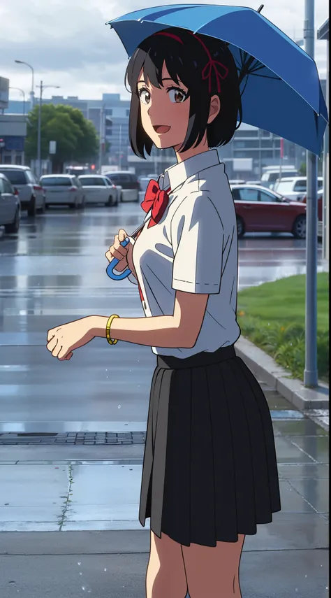 shinkai makoto, kimi no na wa., 1girl, bangs, black hair, bright eyes, brown eyes, headband, looking at the viewer, red bow, red headband, red ribbon, school uniform, shirt, white shirt, skirt, black skirt, short sleeves, short hair, medium breasts, solo, ...