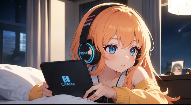 a girl with light blue eyes listening to music with headphones and a video game controller in her hand,  janela da cama, night many stars in the sky, Anime 2D, Anime Ultra 4K, quarto com luzes noturnas