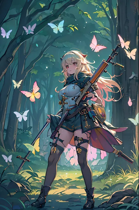 Anime girl with a rifle in the forest with butterflies, anime fantasy illustration, guweiz on artstation pixiv, anime fantasy artwork, guweiz on pixiv artstation, female forest archer, 2. 5 d cgi anime fantasy artwork, Trending on ArtStation pixiv, beautif...