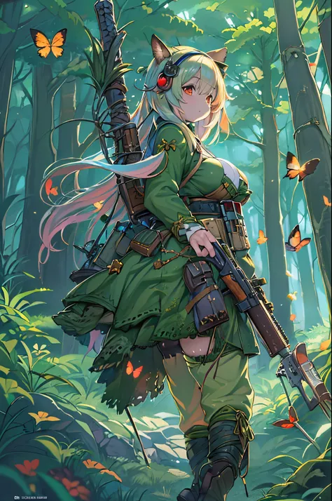 Anime girl with a rifle in the forest with butterflies, anime fantasy illustration, guweiz on artstation pixiv, anime fantasy artwork, guweiz on pixiv artstation, female forest archer, 2. 5 d cgi anime fantasy artwork, Trending on ArtStation pixiv, beautif...