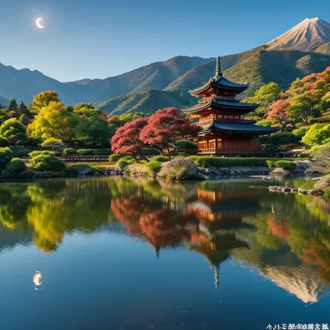 One low rise Japanese style temple、natta、murky、I see the moon、Colored leaves、Reflection in the lake、fullmoon、Mountains in the back々There is a