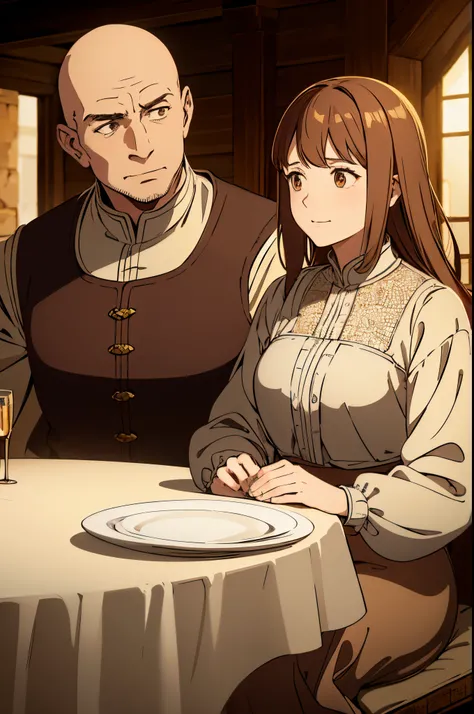 Anime characters, Medieval era, middle-aged commoner couple, sitting at a round table, the man is corpulent and bald, the lady has brown hair in a brown dress serving the table. Both smiling, oil painting works of art, with exquisite details of faces and c...