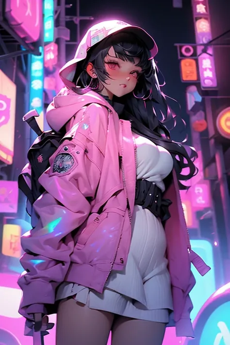 young woman with black layered hair, straight front bangs, pink eyes, White holographic hooded jacket, Amusement park neon and night background, attractive expression, Bubbles background reflecting with light