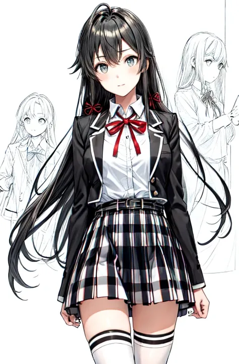 1 girl as yukino yukinoshita, absurdres,  highres, solo, school uniform, big breasts, waist long black hair, (twintails:0.5), miniskirt, black thighhigh socks, loose red ribbon, unbuttoned white shirt