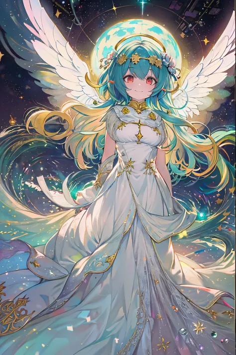 femele, Teal Hair, Red Eyes, Smile, Angel wings, Golden halo, White Dress, erect through, In outer space, Milky Way in the background, Distant stars, Upper body