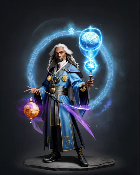 a drawing of a wizard holding a magic wand and a glowing ball, arcane wizard casting spells, old male teacher, snoop dogg as a m...