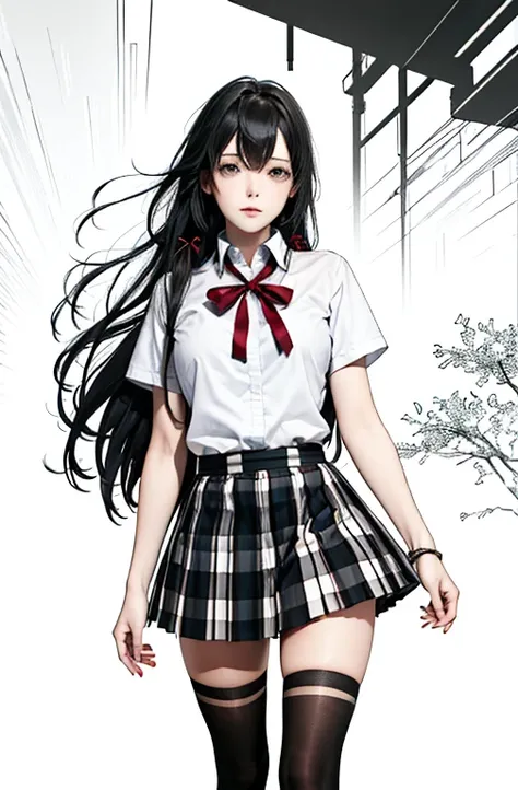 1 girl as yukino yukinoshita, absurdres,  highres, solo, school uniform, big breasts, waist long black hair, (twintails:0.5), miniskirt, black thighhigh socks, loose red ribbon, unbuttoned white shirt