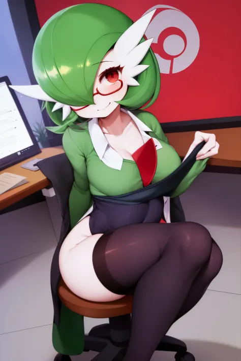 obra maestra, best_quality, 1girl, solo, gardevoir, pokemon (criatura), cabello verde, ojos rojos, oficina, ropa de oficina, officewoman, falda, falda larga, ropa ajustada, embarazada, gardevoir embarazada, vientre de embarazo, en una oficina, escritorio, ...