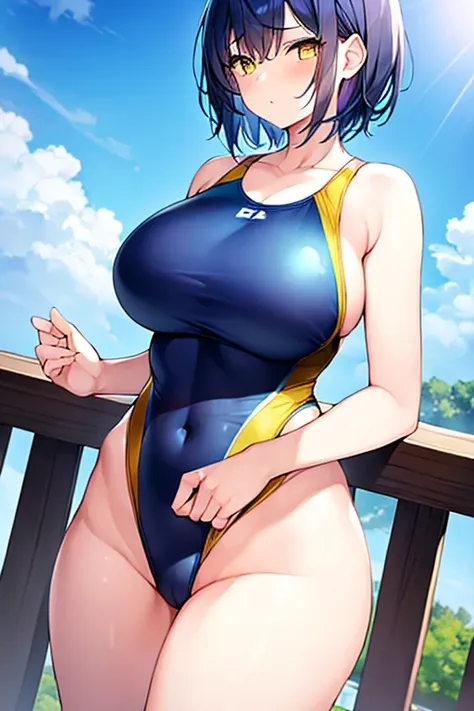 1girl, large breasts, breasts, wide hips, thick thighs, dark blue hair, blue hair, short hair, very short hair, yellow eyes, one-piece swimsuit, blue swimsuit, competition swimsuit, black one-piece swimsuit, serious