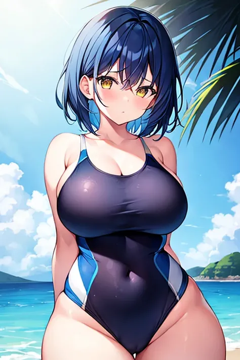 1girl, large breasts, breasts, wide hips, thick thighs, dark blue hair, blue hair, short hair, very short hair, yellow eyes, one-piece swimsuit, blue swimsuit, competition swimsuit, black one-piece swimsuit, serious