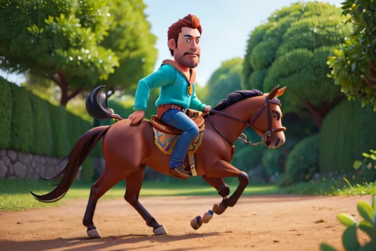 Um homem passeando a cavalo pelo floresta, Caractere estilizado, animation style rendering, 3D estilizado, Arnold Maya render, 3 d render stylized, toon render keyshot, Personagem 3D, Personagem 3D, 3d rendering stylized, 3 d character render, personagem d...