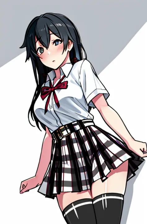 1 girl as yukino yukinoshita, absurdres,  highres, solo, school uniform, big breasts, waist long black hair, (twintails:0.5), mi...